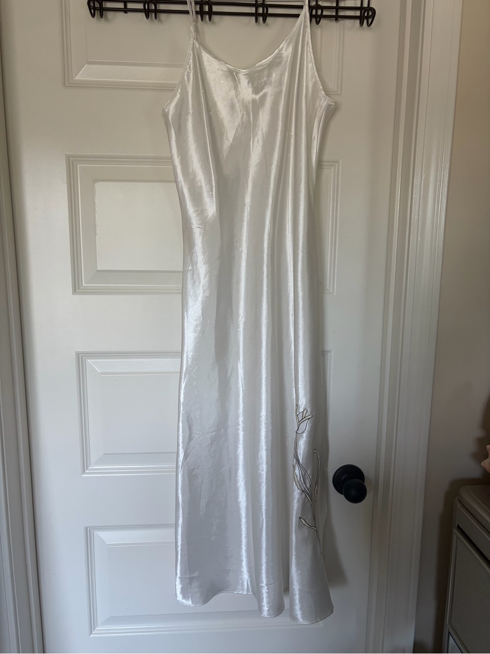 White vintage Satin Slip Dress with Delicate Embroidery